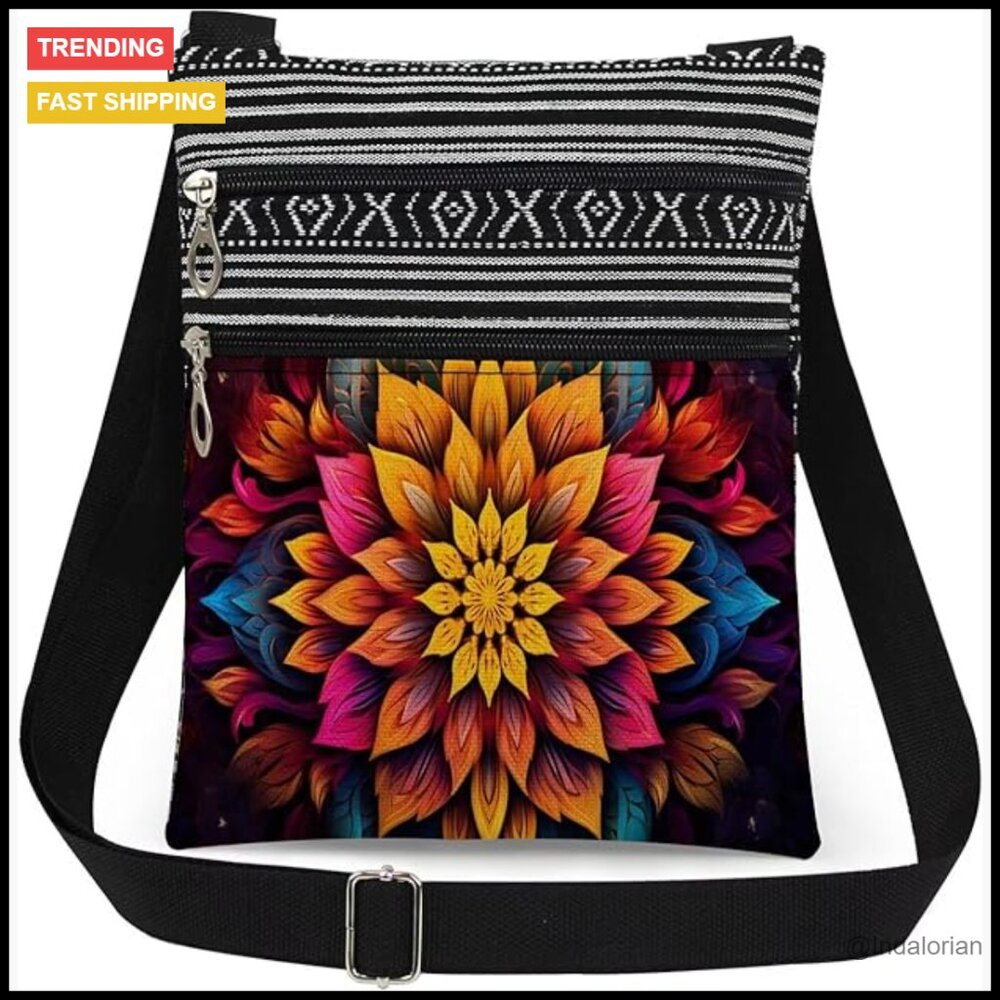 Mandala Print Crossbody Bag Adjustable Strap Minimal Chic Travel Purse